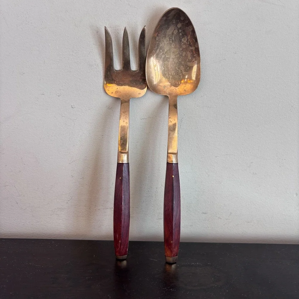 Vintage Brass‎ and Rosewood Salad Serving Set | Spoon and Fork | MCM